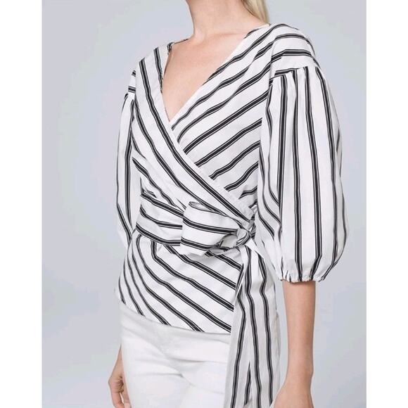 White House Black Market White Black Striped Poplin Wrap Top Blouse XXS Nwt - Picture 4 of 8
